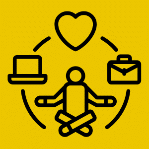 Meditierende Figur mit Herz, Laptop und Aktentasche im Kreis – Symbol für ausgewogene Arbeitsweise.