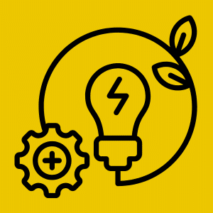 Icon mit Glühbirne, Zahnrad, Kreis und Blättern – Symbol für nachhaltige und ressourcenschonende IT-Lösungen.