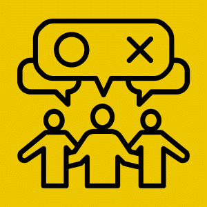 Drei Personen mit Sprechblasen über dem Kopf, in denen ein Kreis und ein Kreuz dargestellt sind – Symbol für Kommunikation und Teamarbeit.